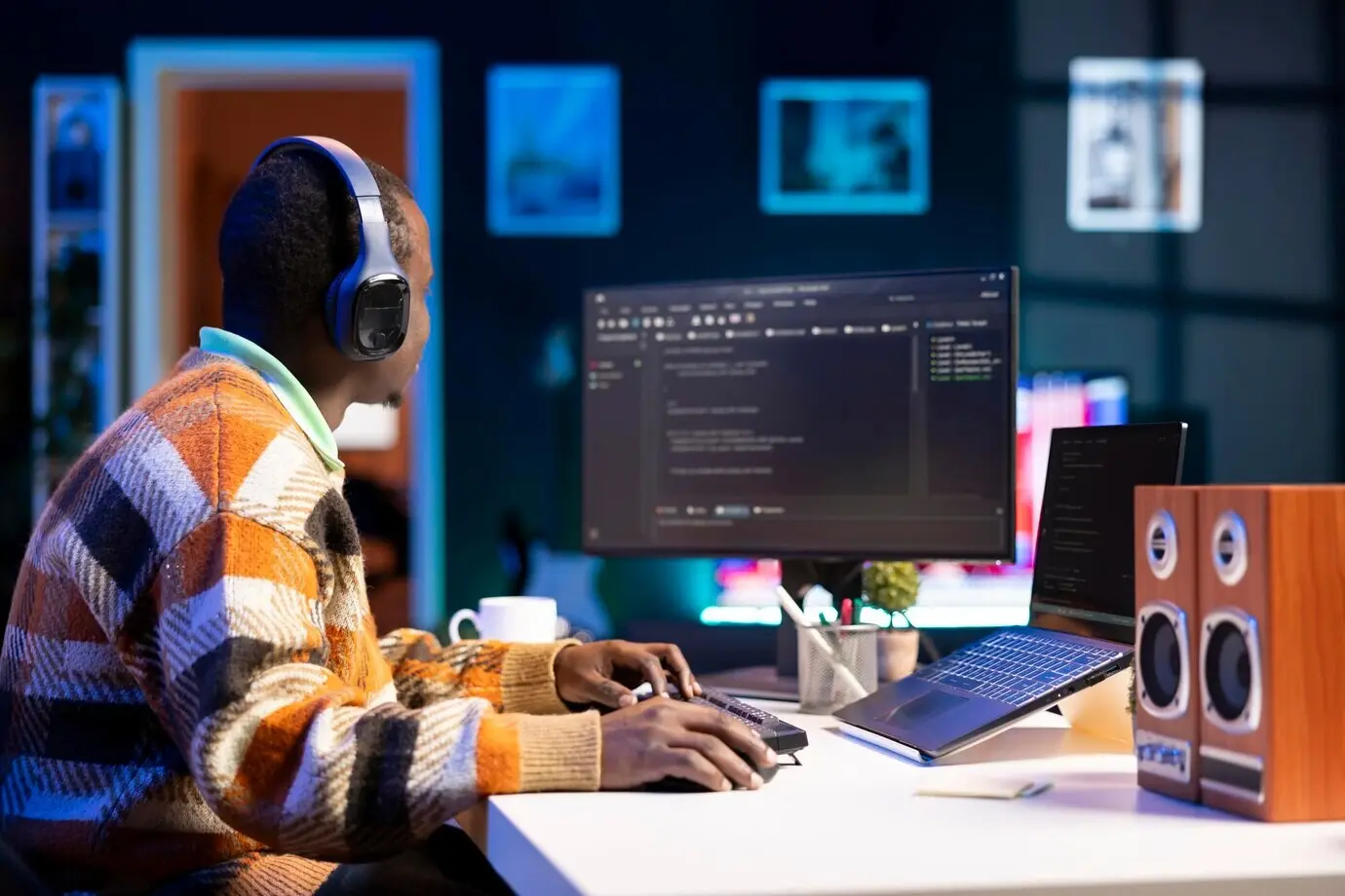 Мужчина-программист работает над разработкой нового HTML-скрипта.